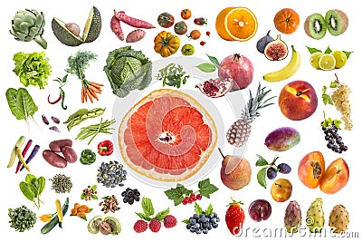 Concept of healthy food, Various Fruits and vegetables to eat five a day on withte background with grapfruit slice Stock Photo
