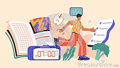 Concept of healthy lifestyle habits, running man with symbol of everyday routine Vector Illustration