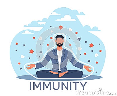 Concept of healthy lifestyle and strong immunity. Man sitting in meditation lotus position in protective bubble. Force Vector Illustration