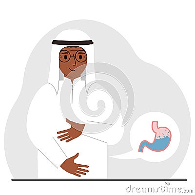 The concept of a healthy stomach. The arab man holds her stomach with both hands. A healthy stomach or proper digestion. Vector Illustration