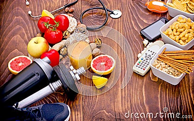 The concept of healthy ways and unhealthy lifestyles Stock Photo