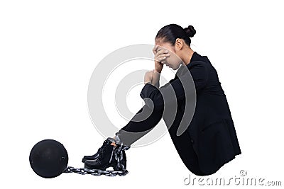 Concept Heavy Debt burden lock tight on woman leg Stock Photo