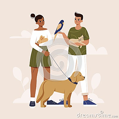 The concept of helping and loving pets. A woman and a man hold a cat, rabbit, bird, and dog in their arms Vector Illustration