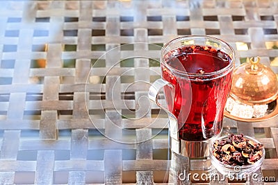 Concept of herbal tea. Hibiscus tea in a glass mug with turkish Stock Photo