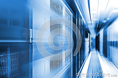 Concept of high-speed computing of modern computing technologies and data centers. Server room with flow tracers on top Stock Photo