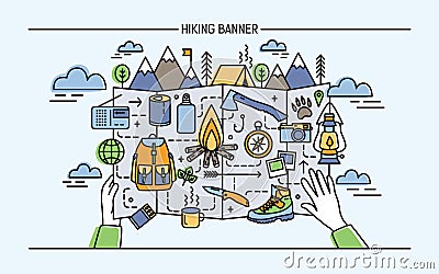 Concept of hiking, backpacking, active vacation, travel. Horizontal banner with tourist accessories and bonfire, tent Vector Illustration