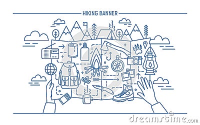 Concept of hiking, backpacking, active vacation, travel. Horizontal banner with tourist accessories and bonfire, tent Vector Illustration