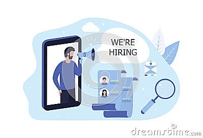The concept of hiring recruitment, human resources. A man with a handheld megaphone says were hiring, the company chooses a resume Vector Illustration