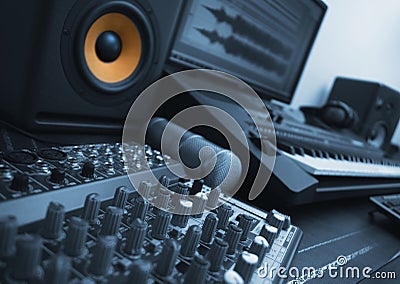 Concept of home music studio. Blue styled. Stock Photo