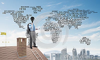 Concept of home security and privacy protection with camera headed man Stock Photo