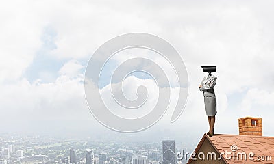 Concept of home security and privacy protection with camera headed woman Stock Photo