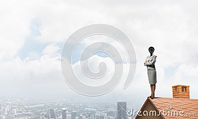 Concept of home security and privacy protection with camera headed woman Stock Photo