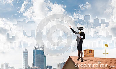 Concept of home security and privacy protection with camera headed woman Stock Photo