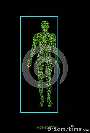 Concept of homeopathy or eco green medicine, man silhouette build with small green leaves on black background, Vector Illustration