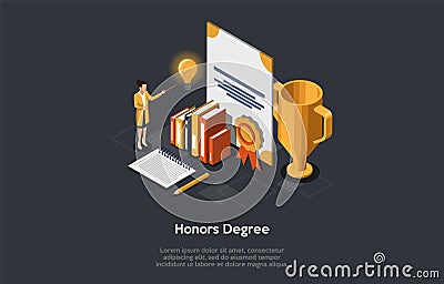 Concept Of Honors Degree. Woman University Or School Teacher With Pointer Stands Near Template Of Honors Degree Vector Illustration