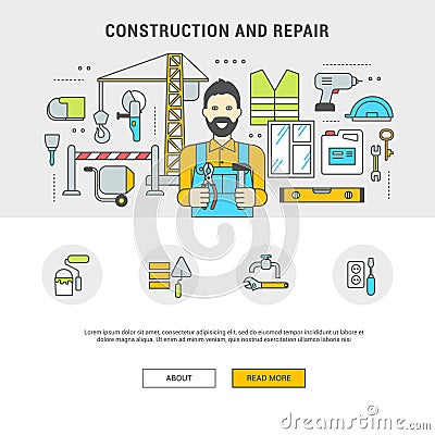 Concept horizontal banner flat building and repair Vector Illustration