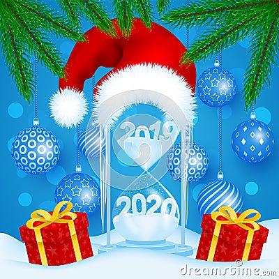 The concept of hourglass with a Santa hat. Transition year 2019 to 2020. Holiday gifts, Christmas balls, spruce branches. Vector Illustration