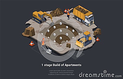 Concept Of House Building Stages And Foundation Work. Engineers, Architects And Workers Are Digging Foundation Pit Using Vector Illustration