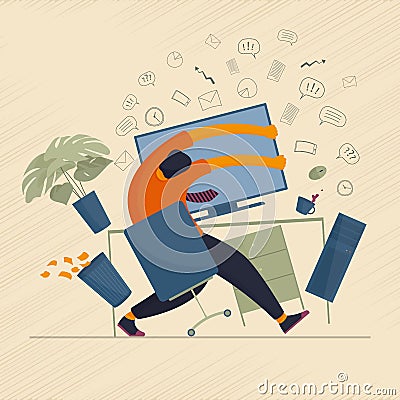 The concept of human character overload with information and mental breakdown while working at the computer. Vector Illustration