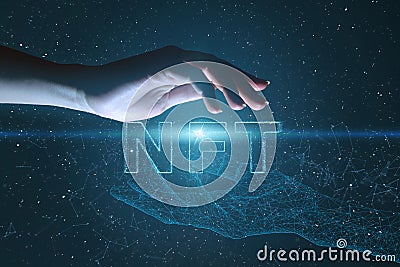 The concept of human interaction with the technologies of the virtual world to achieve material and moral well-being. NFT Art Stock Photo