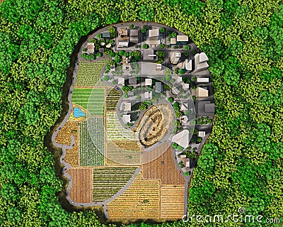 Concept of human intervention in nature. City and fields as parts of human head Cartoon Illustration