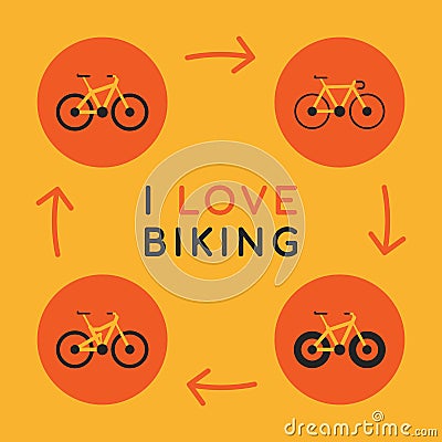 Concept I Love Biking Icons Different Bicycles Vector Illustration