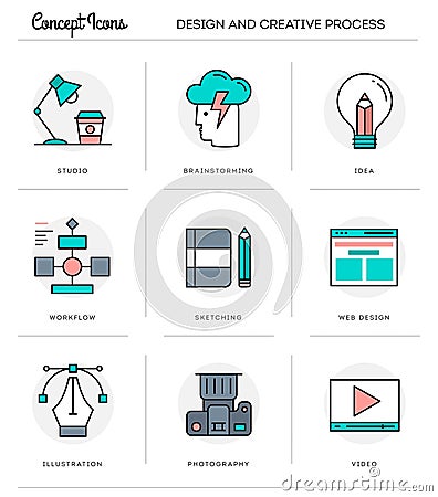 Concept icons,design and creative process, flat thin line design Vector Illustration