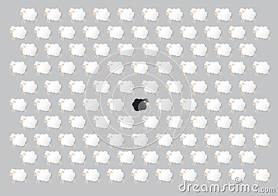 Concept idea, a black sheep in group of many white sheep on grey colour of background, flat line vector and illustration. Vector Illustration