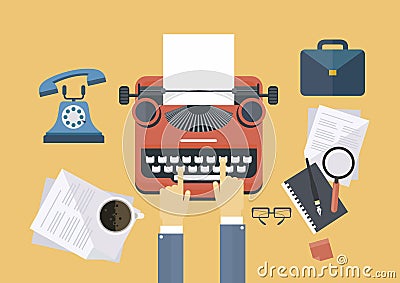 Concept idea equipments and typewriter for workspace of writer or journalist, flat line vector and illustration. Vector Illustration