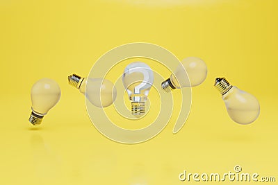 the concept of idea generation. empty light bulbs flying around a light bulb with a question mark. 3D render Stock Photo