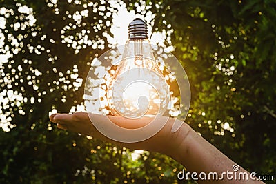 Concept idea hand hold light bulb solar Stock Photo