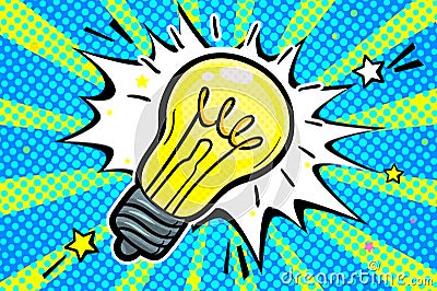 Concept of Idea. Light bulb in pop art style on blue background. Vector Illustration