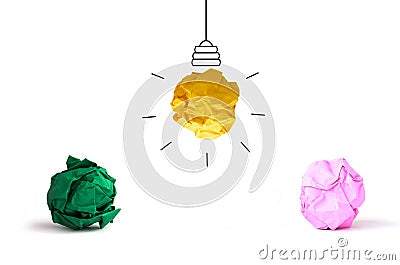 concept idea multicolor crumpled Paper Light Bulb on white back Stock Photo