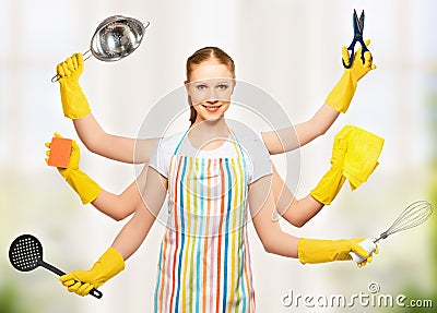 Concept idea. omnipotent universal woman housewife with many han Stock Photo