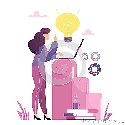 Concept of idea. Woman working on a new idea at the computer. Vector illustration in cartoon flat style. Vector Illustration