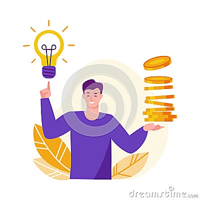 The concept of ideas for solving financial problems, profit, investment. Young man with a light bulb and a stack of coins. Vector Cartoon Illustration