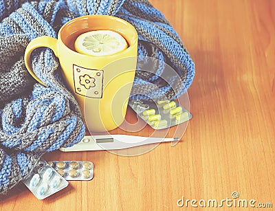 Concept illness, colds, cure, fall and winter. Stock Photo