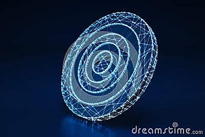 Concept of an illuminated wireframe digital bullseye on dark blue background. 3D Rendering Stock Photo