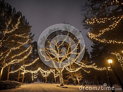 Illustation of A Magical Starry Night with Christmas Lights .AI Generated Stock Photo