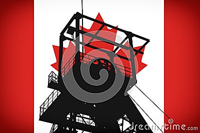 Concept Illustration With Canada Flag in the Background And Coal Mine Ferris Wheel SIlhouette in the foreground Stock Photo