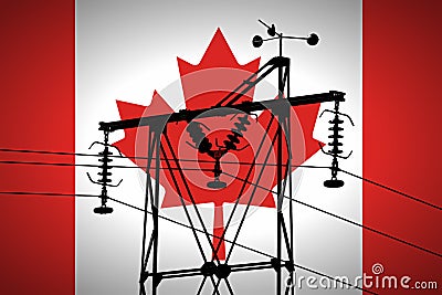 Concept Illustration With Canadian Flag in the Background And old power line Silhouette in the foreground symbol for the upcoming Stock Photo