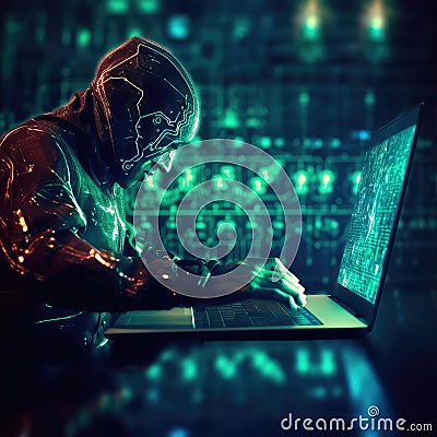 Cyber hacker man typing on laptop with circuit board animation background. Generative AI Cartoon Illustration