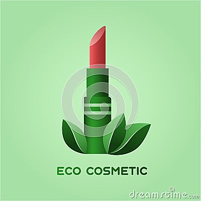 Concept illustration of ecologic and healthy cosmetics. Tube of pink lipstick in a green package and leaves Vector Illustration