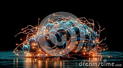Fictional glowing brain background with a network of neural connections. Neural activity. Generative AI Cartoon Illustration