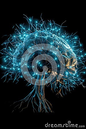 Fictional glowing brain background with a network of neural connections. Neural activity. Generative AI Cartoon Illustration