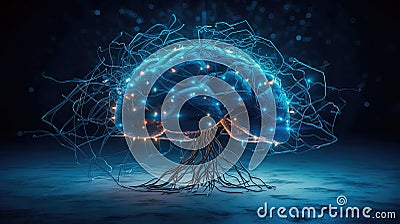 Fictional glowing brain background with a network of neural connections. Neural activity. Generative AI Cartoon Illustration