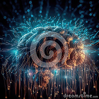 Fictional glowing brain background with a network of neural connections. Neural activity. Generative AI Cartoon Illustration