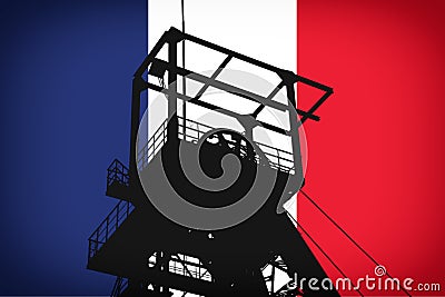 Concept Illustration With French Flag in the Background And Coal Mine Ferris Wheel SIlhouette in the foreground Stock Photo