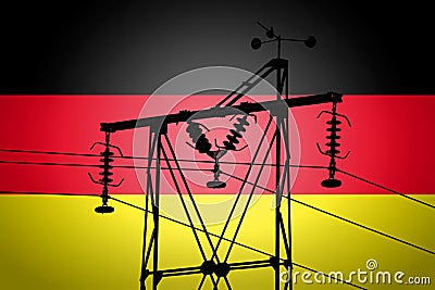 Concept Illustration With German Flag in the Background And old power line Silhouette in the foreground symbol for the upcoming Stock Photo