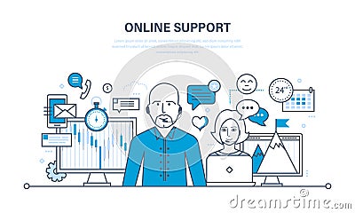 Concept of illustration - hour technical support, consultation and communication. Vector Illustration